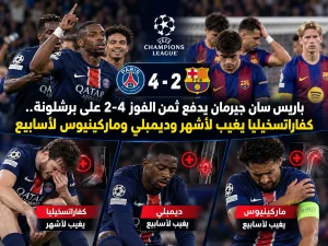 باريس سان جيرمان يدفع ثمن الفوز 4-2 على برشلونة.. كفاراتسخيليا يغيب لأشهر وديمبلي وماركينيوس لأسابيع