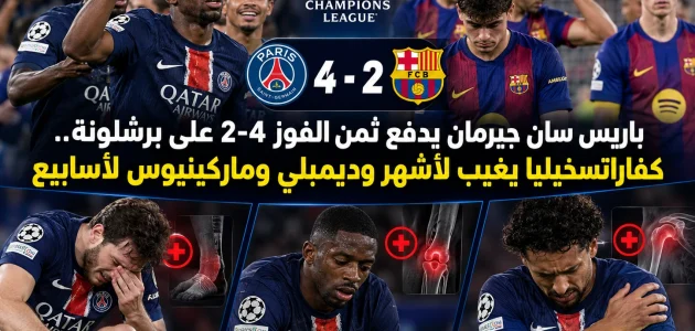 باريس سان جيرمان يدفع ثمن الفوز 4-2 على برشلونة.. كفاراتسخيليا يغيب لأشهر وديمبلي وماركينيوس لأسابيع